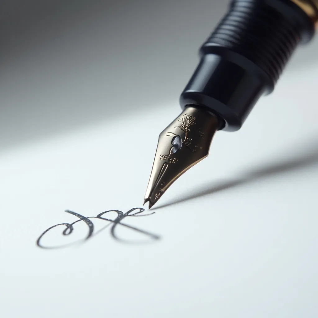Close-up of deep blue fountain pen nib on white paper with smooth ink line, sharp detail, natural lighting