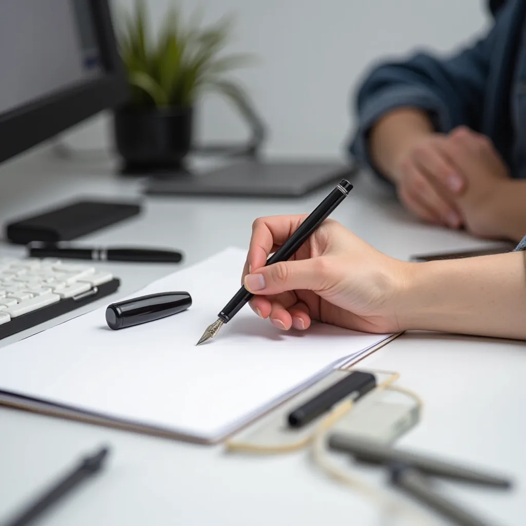 Hands holding fountain pen and replacement ink cartridge, desk with stationery supplies in background, educational setup