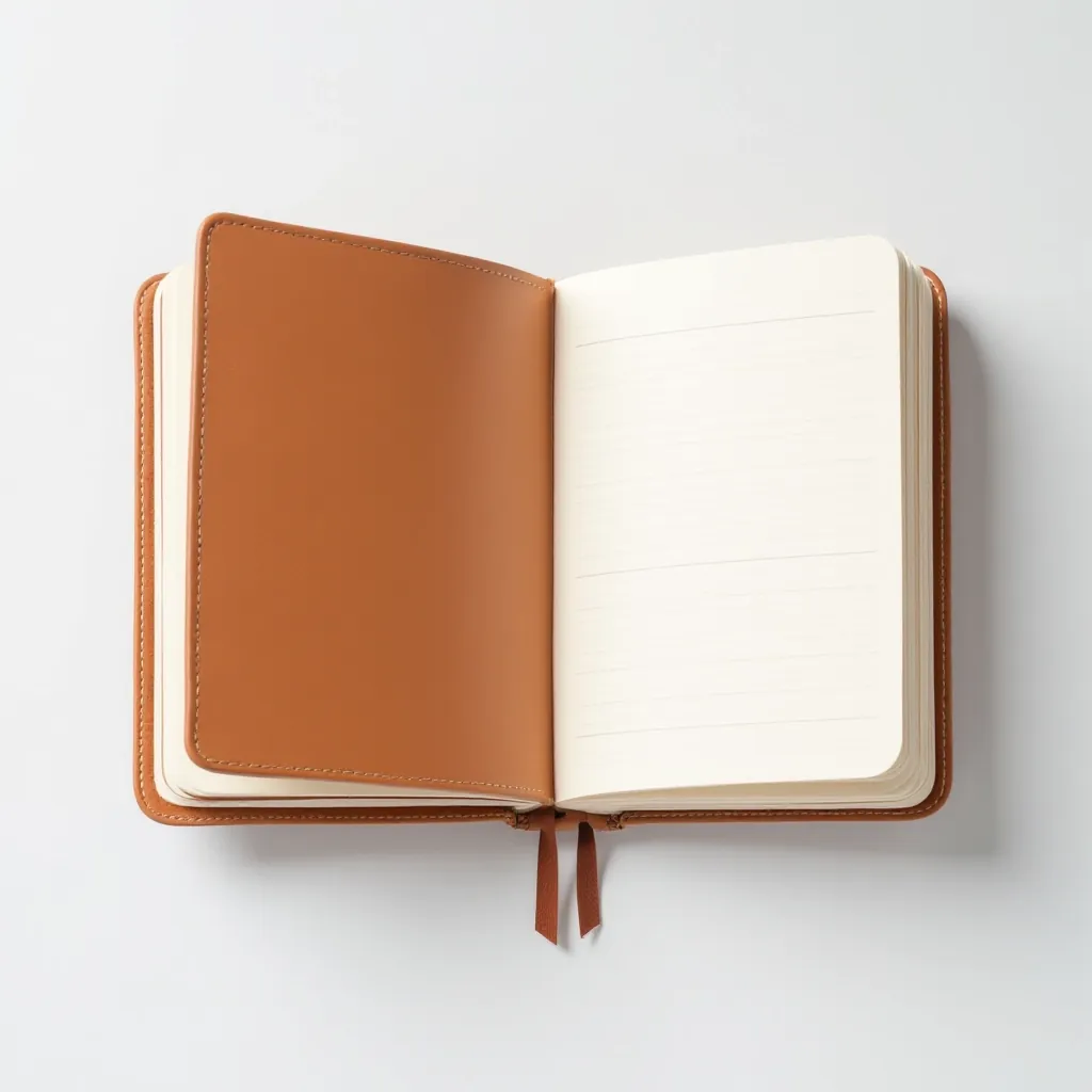 Cognac leather-bound notebook A5 size with elastic closure, opened showing ruled pages, studio photography on white background